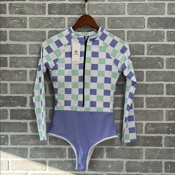 Attraco‎ Sport Purple-Green Plaid Long Sleeve Swimsuit UPF50+ Rash Guard Small - Picture 4 of 16